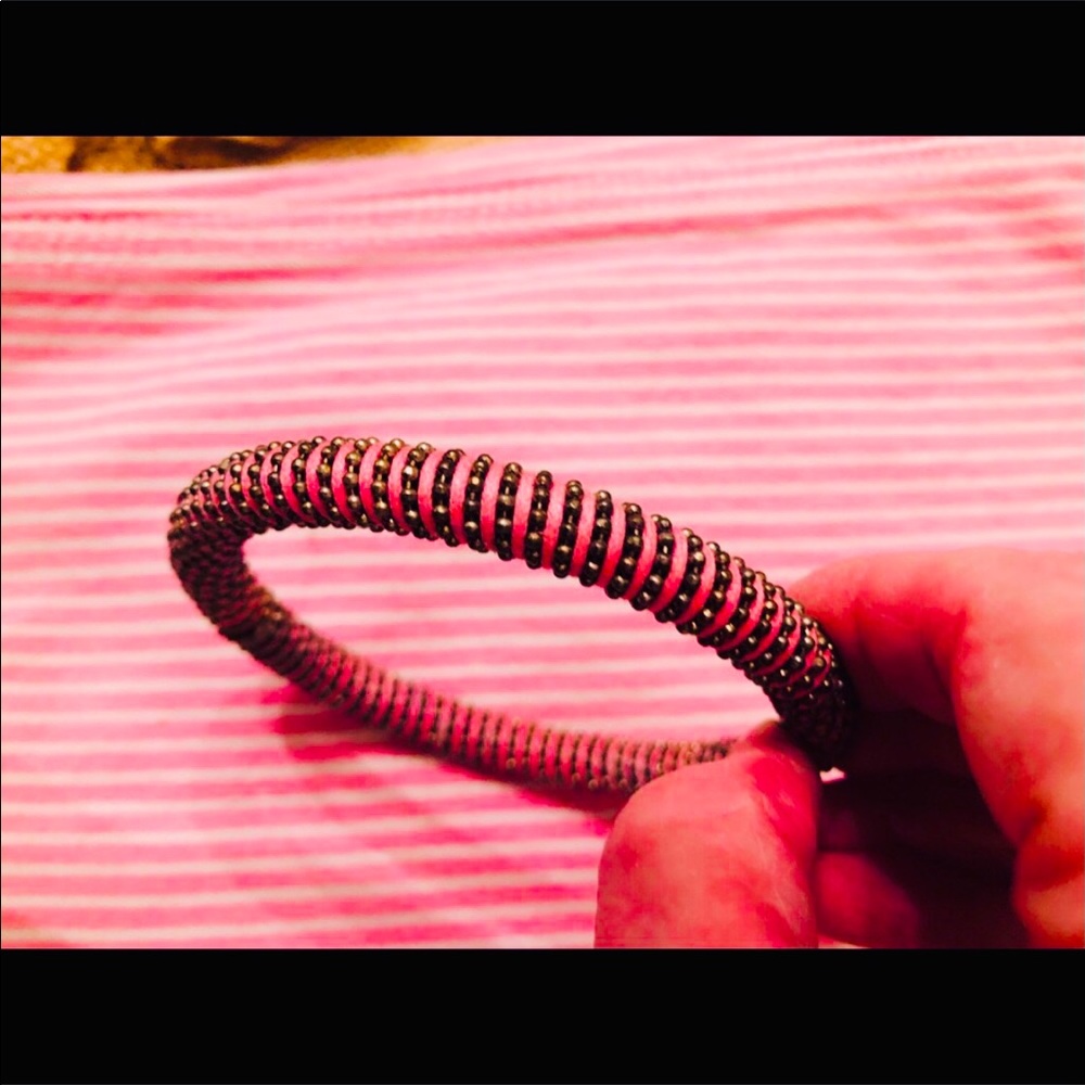 Bright Pink Tiny Silver Beaded Bangle Bracelet Vi… - image 4